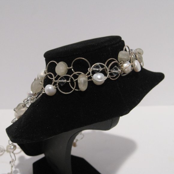 ASKA Long Chain Layered Necklace Silver Toned White Beads Clear Square Pendant - Picture 5 of 13